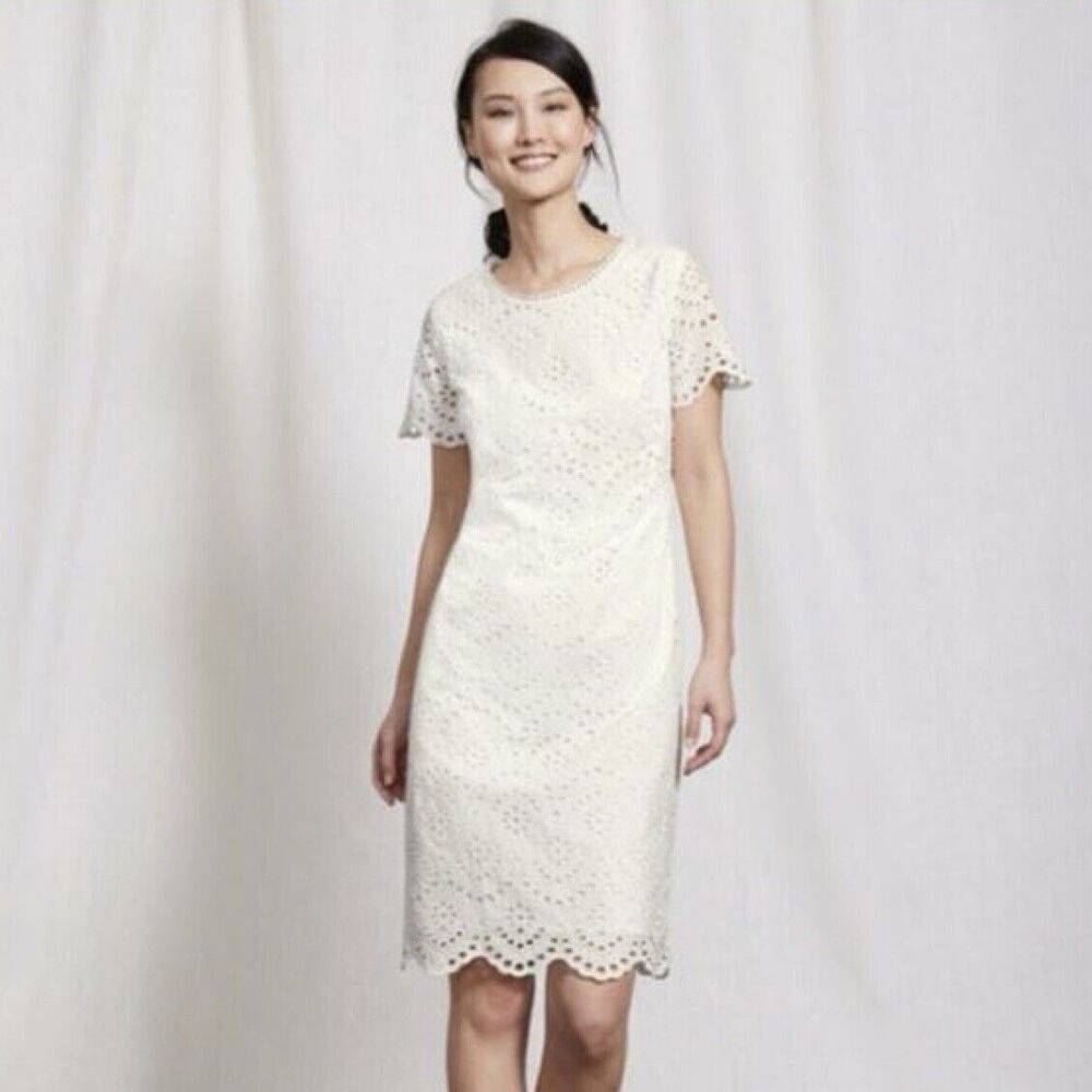 Boden Knee Length Eyelet Scalloped Dress Ivory White Size 8 Long Wedding Shower